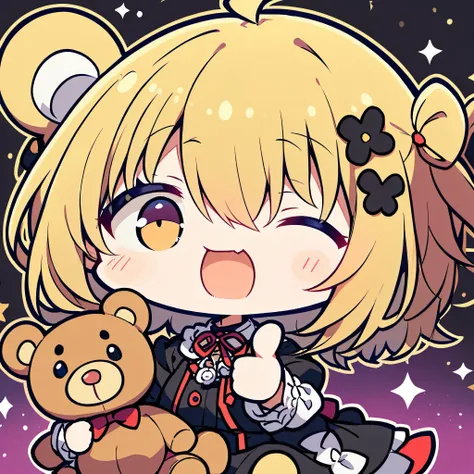 a dynamic, chibi vocaloid illustration, full body, from front, of mayu, gothic yandere, holding teddy, long blonde hair, one eye...