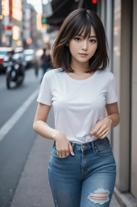 highest quality,masterpiece,32k,sharp focus,150mm,F1.4,professional lighting,cinematic lighting,Natural light all over the body,slim and smooth lines,beautiful japanese woman,25 year old girl,Are standing,street,short hair,long hair,t-shirt jeans cheap,