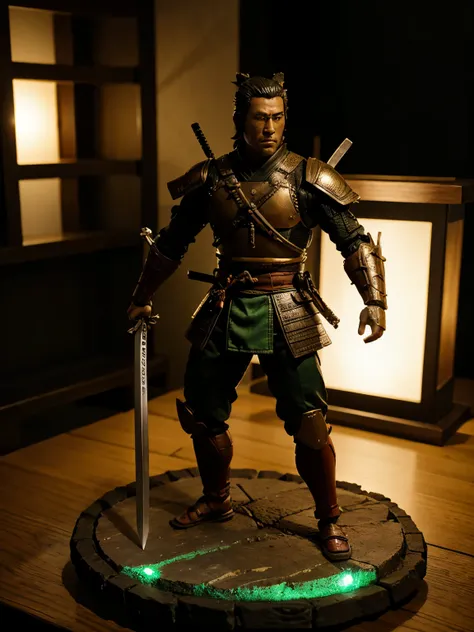 full body, action figure of mythical samurai, displayed on table, photo product, green, glowing, pulls out his sword