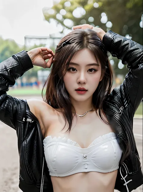 (​masterpiece:1.2), 8k,(ultra-realsitic:1.37), in public park, f=1.8, daytime, Korean porn actress, (pose open jacket to show armpit:1.5), face lights, Detailed face, (seductive face:1.5), (a black faux leather jacket over white strapless sports top:1.5)