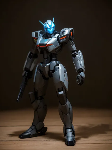 full body, action figure of futuristic mecha soldier, displayed on table, photo product, glowing, attack pose, rim light