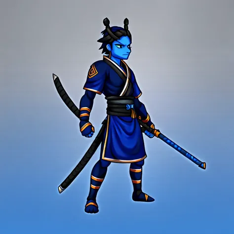 Black samurai hold blue katana with blue aura around him,no background