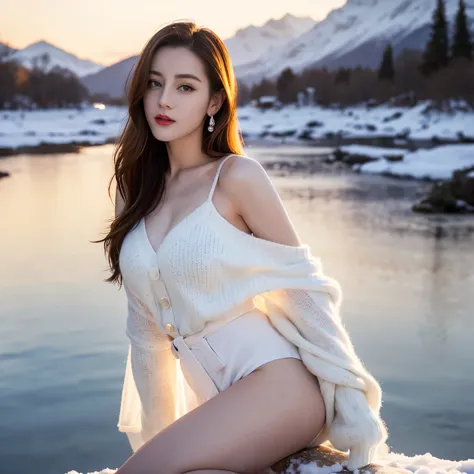 ((top quality、8k、​Masterpiece:1.3))、Extremely delicate and beautiful girl，full-body shot，huge breasts，bigger breasts，amazing breast size，G cup。Wear big earrings，Very white skin，moist red lips，Waist is very thin，Thighs are very thin，big butt，fair and smooth...