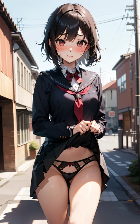 absurderes:1.8, ((school uniform、skirt lift:1.5, showing panties:1.4, From the thigh up:1.5, medium hair))、(1woman), Unity 8K Wallpaper, Masterpiece, detailed hair, highly detailed, (black hair, embroidery panties:1.4, sidewalk), (blush:1.3)、 ,(slut:1.2),
