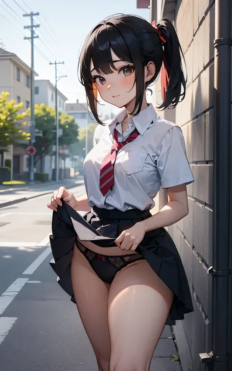 absurderes:1.8, ((school uniform、skirt lift:1.5, showing panties:1.4, From the thigh up:1.5, medium hair))、(1woman), Unity 8K Wallpaper, Masterpiece, detailed hair, highly detailed, (black hair, embroidery panties:1.4, sidewalk), (blush:1.3)、 ,(slut:1.2),
