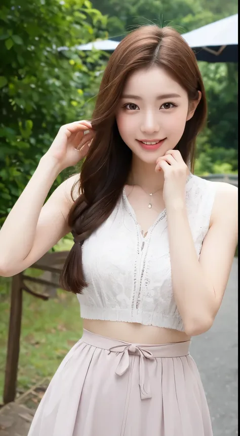 ((best image quality, 8K, master piece:1.3)), 1 girl big breasts, Beautiful woman with slender abs:1.3, (casual hairstyle, :1.2), sexy dress，Extra-fine face, detailed eyes, double eyelid，With a smile。Let&#39;s take a photo with a cute pose，numbers are very...