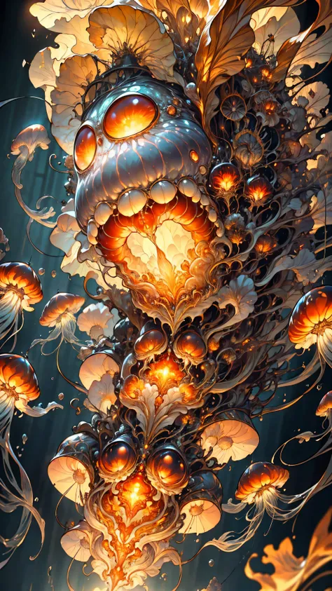 (high quality,4K,8K,high resolution,masterpiece:1.2),Detailed structure of jellyfish, Vibrant flames merge with jellyfish, Dynamic flames,Super detailed jellyfish tentacles, Fiery shades, Realistic movement