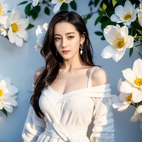 ((top quality、8k、​Masterpiece:1.3))、Extremely delicate and beautiful girl，full-body shot，huge breasts，bigger breasts，amazing breast size，G cup。Wear big earrings，Very white skin，moist red lips，Waist is very thin，Thighs are very thin，big butt，fair and smooth...