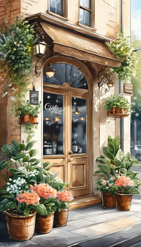 hand drawn illustration outdoor coffee shop entrance，fragrant coffee, exquisite and elegant decoration.fresh and bright flowers ...