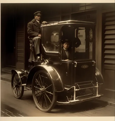 A Taxi in New York with the driver sitting up and outside the cabin in 1908 the weather is raining with the wet streets and old buildings around