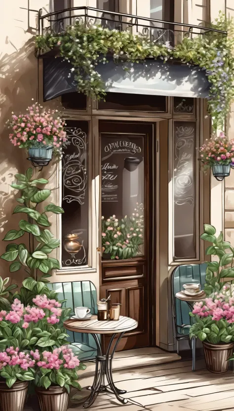 hand drawn illustration outdoor coffee shop entrance，fragrant coffee, exquisite and elegant decoration.fresh and bright flowers ...