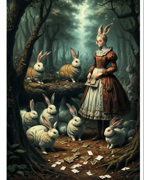 (surreal,High resolution,4K,masterpiece:1.2), ((8 rabbits)), white rabbit, alice in wonderland, Costumes made from playing cards, small, round body, Grandpa Rabbit，((round glasses))，in the woods，