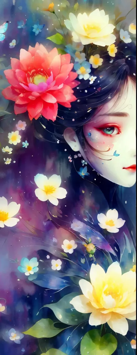 watercolor：1.37，wet，flowing water marks。1 puppet，Mechanical dolls，Empty eyes among flowers，White mask surrounded by flowers，3D mask，tailoring mask，glowing insects，Black，Red，green，light and shadow，Actual situation，perfect composition，