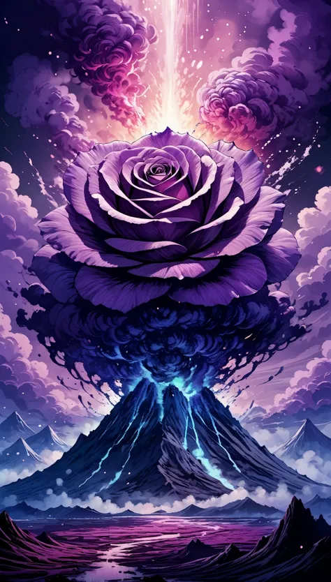 (Greenish-purple,coloring scheme:1.4)(best quality,4K,8K,High resolution,masterpiece:1.2),Radiation and volcanic eruptions, ((Smoke turns into rose shape：3.0))on top of volcano， creating a surreal ambiance. bathe in moonlight, Volcano eruption casts eerie ...