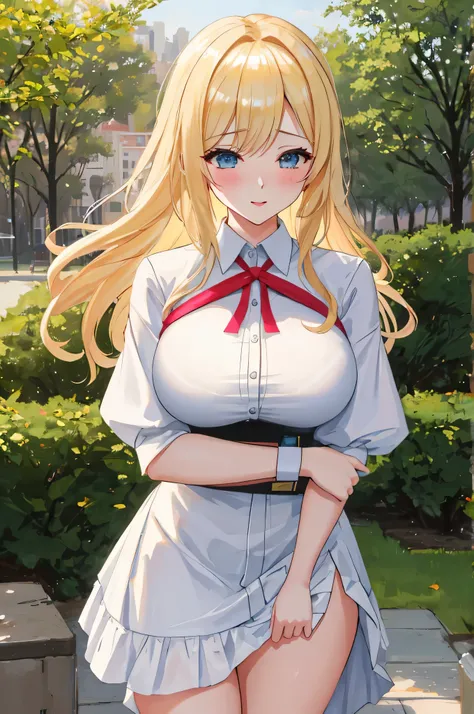 A blonde girl with large breasts and a hairy pussy masturbates in the park with her teacher, (best quality,4k,8k,highres,masterpiece:1.2), ultra-detailed, realistic:1.37, natural lighting, vibrant colors, bokeh, oil painting, intense pleasure, erotic scene...