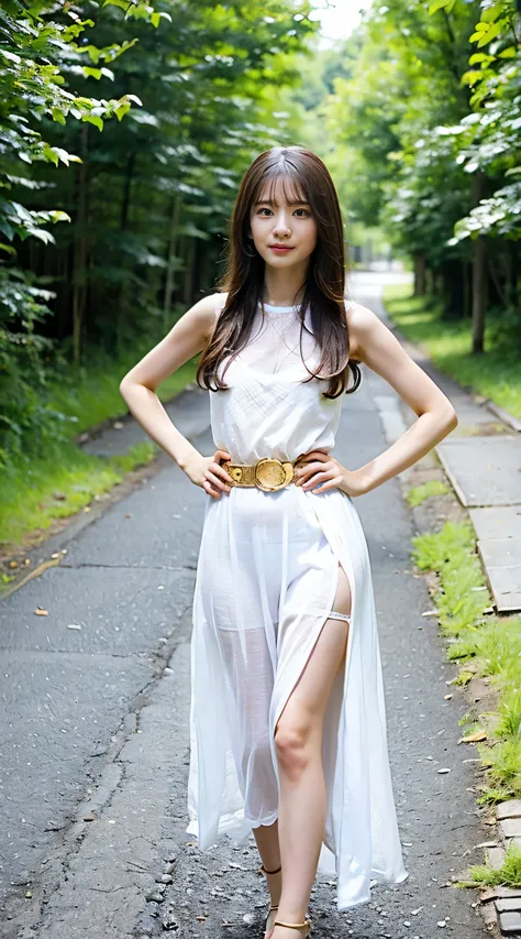 (8k、raw photo、highest quality、masterpiece:1.2)、(realistic、photoreal)、1 girl、((white dress、see-through、belt、gold bracelet、sandals...