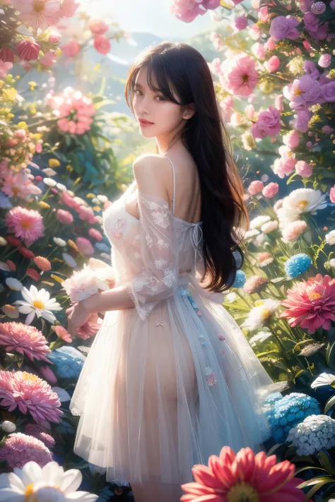 (Fashion magazine blockbuster:1.2),(attractive woman:1.3),(beautiful and delicate eyes:1.2),(Fashion clothing design:1.2),(Tulle texture:1.1),turquoise flowers,surrounded by flowers,Crystal clear dew,Fresh and elegant,(flowers blooming wildly:1.2),delicate...