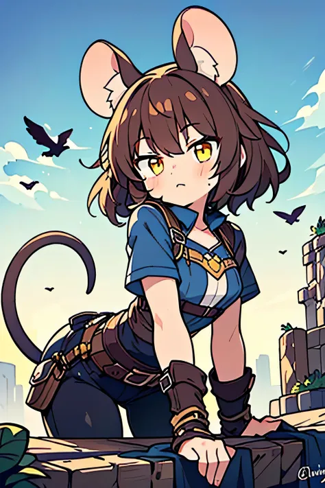 girl, Mouse ears, mouse tail, yellow eyes, brown hair, Adventurer Costume, steal, cute, 