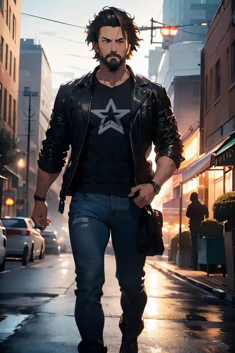 male former cop in a leather jacket, maltese cross on t shirt, well built, serious tone, ((trimmed beard)), (military haircut), walking toward the camera, gun in hand, city neons ((best quality)), ((masterpiece)), (detailed), digital painting, (style of yo...