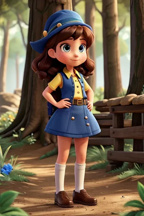 Elegant 15 year old female Disney Pixer avatar, cuerpo completo, con sombrero de duende azul oscuro en la cabeza, Chaleco de duende azul oscuro con botones dorados, camisa amarilla, falda azul oscuro, zapatos marrones, con joyas en la mano y una olla llena...