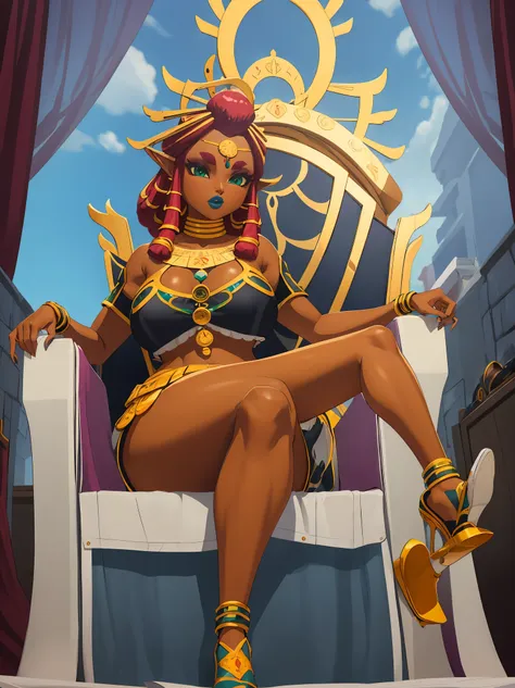 big breasts, green eyes, dark blue lips, sitting on a throne, sexy legs, riju