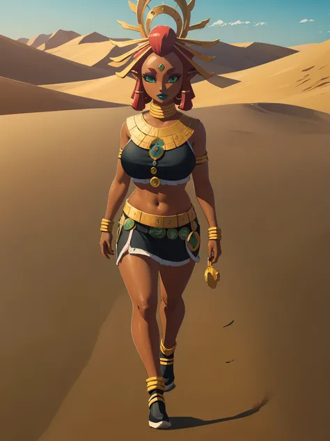 Big breasts, green eyes, dark blue lips, walk for desert, full body, Riju