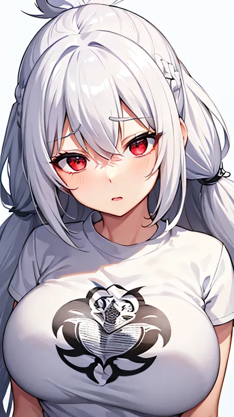 Girl, white hair, ponytail long hair, red eyes, cute girl,braid hair, white background, t-shirt, big breast, detail face,30 year old, detail eyes, breast focus