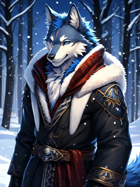 furry, male, anthro, (wolf Tail), Solo, Blue eyes, (Realistic eye details:1.2), (beautiful detailed eyes), there is a man wolf with blue hair and a black jacket, winter gloves, warm shawl, very very beautiful furry art, winter concept art, furry art!!!, co...