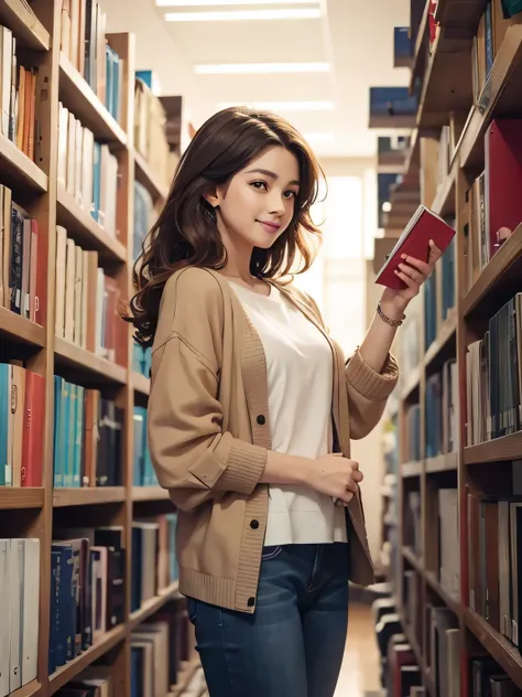 a beautiful woman, curly and voluminous brown hair and brown eyes. Wearing casual clothes. Standing, smiling, holding a book in a library.