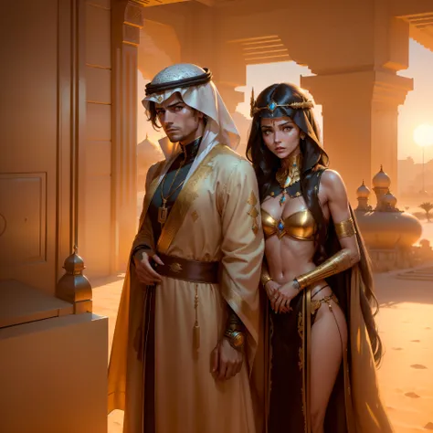 Photo of (arabian princess:1.5) Packed hall standing in the background々and衣装を着て (Cyberpunk Desert:1.3), (Exotic Royal Palace:1.5) and (sunset sky:1.2). In a complex hijab, Long vest in jewelry with gold embroidery, detailed face and eyes, (very detailed:1....