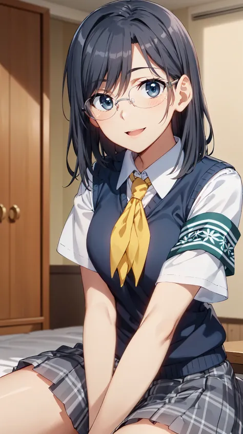 masterpiece, highest quality, High resolution, morning, short hair, black hair, blue eyes, Glasses, , yellow neckerchief, collared shirt, sweater vest, (Blue Vest:1.2), short sleeve, armband, plaid skirt, gray skirt, indoors, sitting, smile, open your mout...