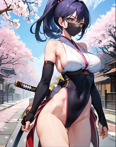 masterpiece of,(perfect anatomy:1.4), highest quality, expensive_solve, small details, expensively detailed and beautiful, clear_image、((big breasts))、((one girl)), ((Japanese sword))、(Cherry blossoms are dancing)、(main street)、(((ninja)))、(combat uniform)