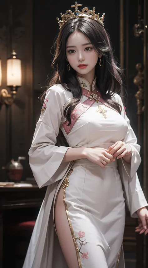 Portrait of a young saint of 20 years old, Saint with a beautiful and super cute face,Wearing a very thin and sexy Ao Dai, Beautiful cute face, There is a deep slit in the chest、Black and white lace trim attractive Ao Dai, Beautiful face without blemish, L...