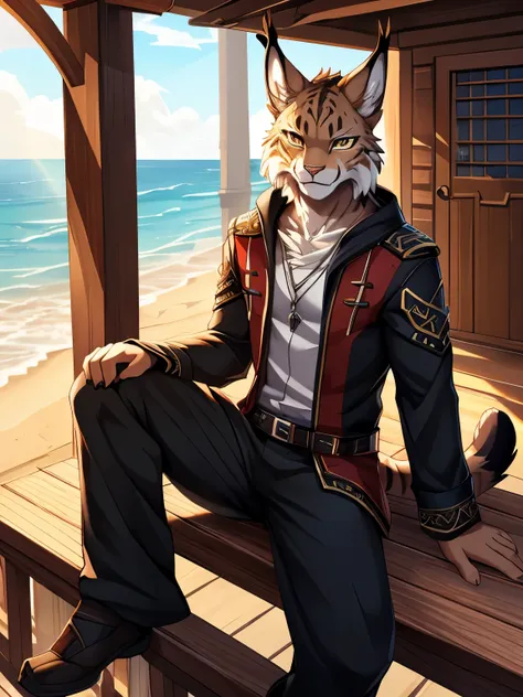 (posted on e621 by Yang J art style), furry, male, Lynx anthro, (Lynx Tail), Solo, yellow eyes, (Realistic eye details:1.2), (beautiful detailed eyes), anime characters undershirt, wearing beach pants, sitting on a porch, from cryptid academia, commission ...