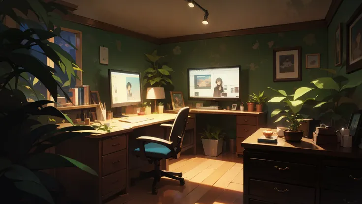 The room has a desk with a computer and monitor., anime background art, cozy environment, Atei Gailan 8K, Lofiatostyle, interior background art, personal room background, relaxing environment, Lofiato, room full of plants, cozy place, In the style of Atay ...