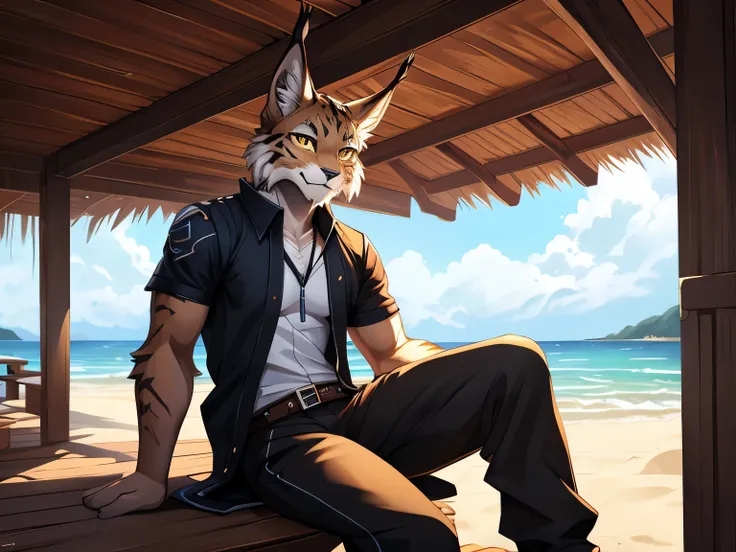 (posted on e621 by Yang J art style), furry, male, Lynx anthro, (Lynx Tail), Solo, yellow eyes, (Realistic eye details:1.2), (beautiful detailed eyes), anime characters undershirt, wearing beach pants, sitting on a porch, from cryptid academia, commission ...