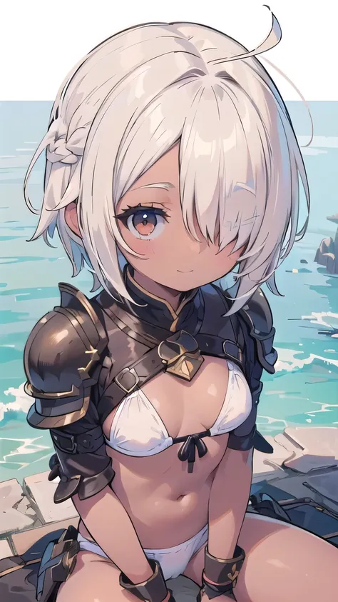 masterpiece, medieval townscape　horizon　Upper body　girl, ((((white bikini armor)))), nsfw,　spread legs　hands behind head　clear　blonde two tone hair, 　((((((hair over one eye)))))), Braid Styles, spiked hair, blunt bangs, bob hair, a braid, Ahoge　red eyes　l...