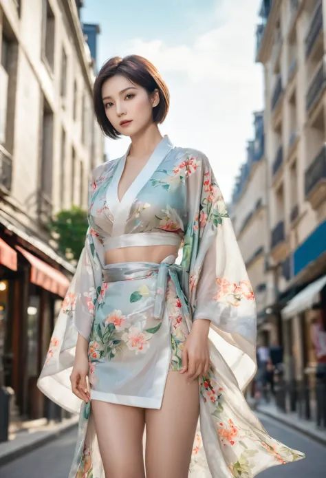 (top quality, 16K, masterpiece: 1.3)), 1 girl, sharp focus: 1.2, Beautiful woman with perfect figure: 1.4, slim abs: 1.2, (((bob short hair)), ((small: 1.4)), ((beautiful face idol: 1.3)), (Transparent fabric kimono 1.5)), Highly detailed facial and skin t...