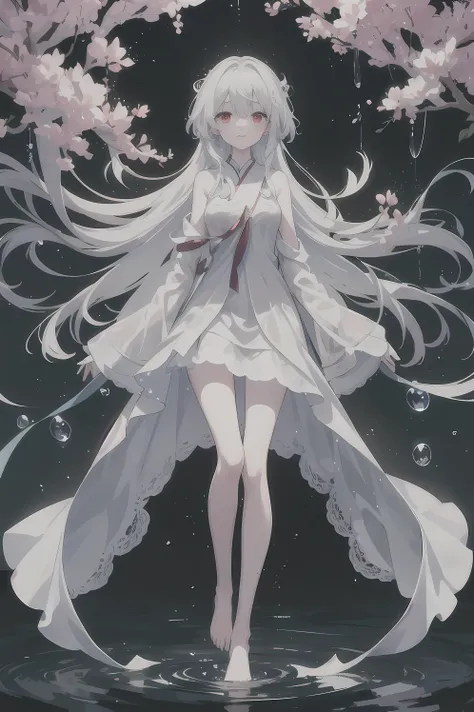 Dreamy beautiful moonlight in dark forest。View of a 15-year-old girl from above。(wet silver hair and red eyes)。smile slightly。She only wore a long transparent white cloth，It has beautiful lace trim on it。Soak the cloth in water。(splashing in the dark fores...