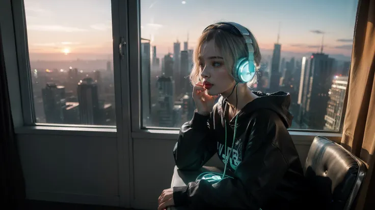 (arafed woman with headphones looking out of a window at night, girl wearing headphones, pink headphones, with headphones, lofi girl, with headphones, lofi portrait at a window, dreamy cyberpunk girl, listen to music, wearing headphones, Headphones On, Cut...