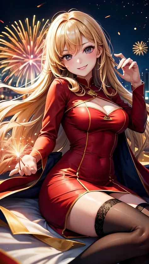 Full HD, Super detailed, high quality, master likes it, Bokeh, woman, 30 years, stockings, red midi dress, compensate, night, fireworks light, seductive smile, Lens flare,long hair,blonde,lying