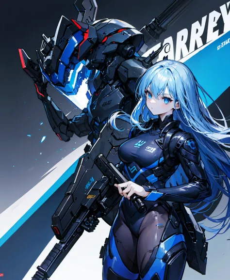 no background，girl，carry a firearm，Enamel style tight suit，use of firearms，dark blue long hair，attention arousal，blue colored eyes,no gradation