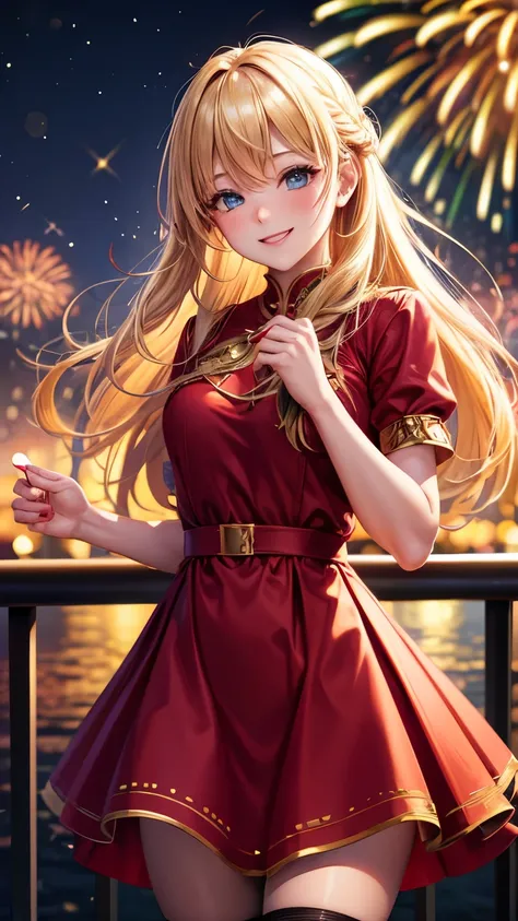 Full HD, Super detailed, high quality, master likes it, Bokeh, woman, 30 years, stockings, red midi dress, compensate, night, fireworks light, seductive smile, Lens flare,long hair,blonde,face down