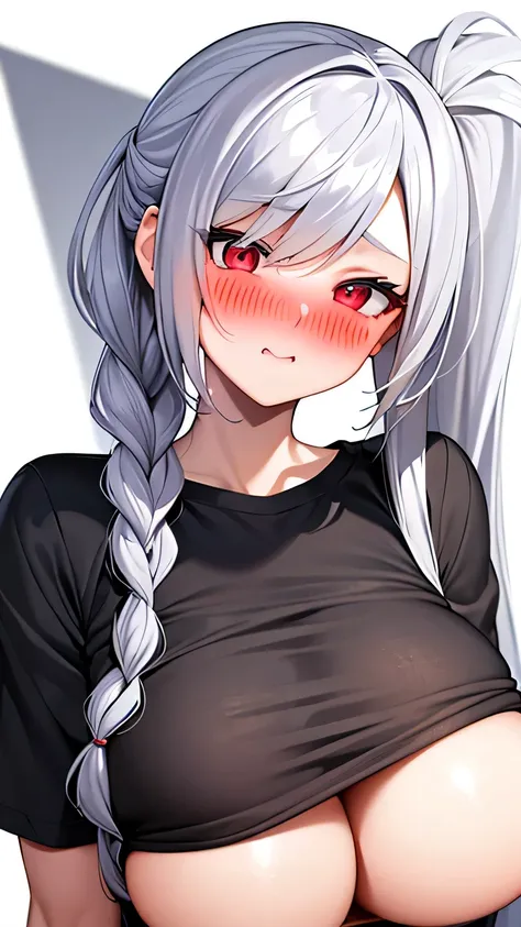 Girl, silver hair, ponytail long hair, red eyes, cute girl,braid hair, white background, t-shirt, big breast, detail face, ahegao face, penis