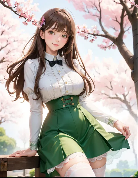 ((1 25 year old girl))), big breasts, solo, (((long light brown hair with bangs))), extremely sexy body, green eyes, beautiful skirt dress, white stockings, lace, look at the viewer, shy smile, elegant, extremely detailed, pink lips, shy, feminine charm, b...