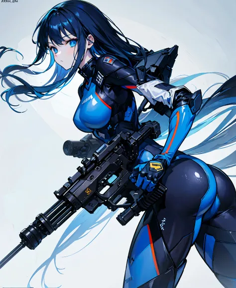 no background，girl，carry a firearm，Enamel style tight suit，use of firearms，dark blue long hair，attention arousal，blue colored eyes,no gradation