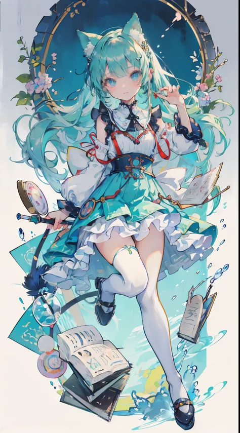 ((table top, highest quality: 1.1), ((Anime girl in a blue dress with a magic wand)), art nouveau、Anime cat girl wearing a maid costume, , ((Green hairs))、long haired person、((Eyes that shine like jewels, long eyelashes, and a sense of transparency))、Very ...