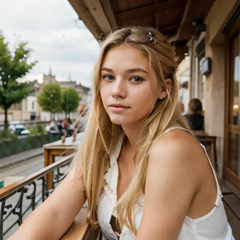 fille de 17 ans, cheveux blonds, occidental, faire une pause sur une terrasse de bar