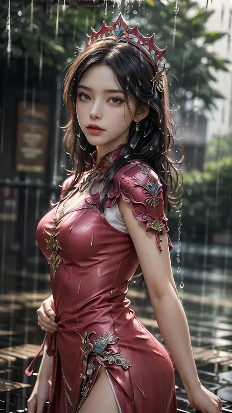 a woman in a magenta dress, realistic Art Station, (hard raining:1.5), Detailed Fantasy Art, Stunning Character Art, beautiful Exquisite Character Art, Beautiful magenta Armor, (bare waist:1), Extremely Detailed, magenta armor Girl, Exquisite Intricate Hea...