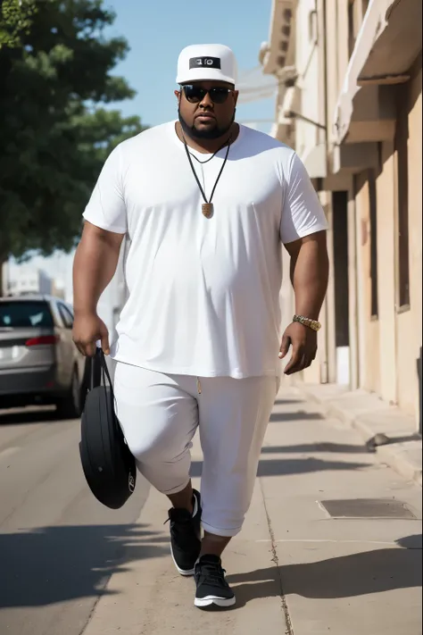 midi top，Pure white loose T-shirt,，Pants，huge，fat，american man，full-body shot,Black person,black hair,short hair,Wear sunglasses,street background,Wear a hat，with jewelry